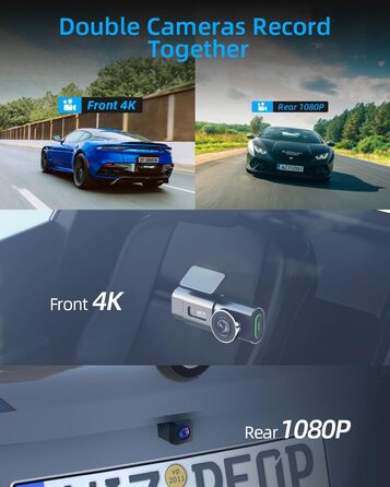 Відеореєстратор у машину 4K+1080P з двома камерами, 64GB SD-карта, 170°+140° кут огляду, нічне бачення, WDR, G-сенсор, Loop-запис, паркувальний режим
