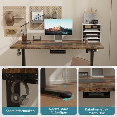 Електричний регульований стіл Airfish 140x70 см з кабельною гондолою та USB-портом. Офісний стіл, стоячий стіл з нагадуванням про сидячу роботу, вінтажний коричневий.