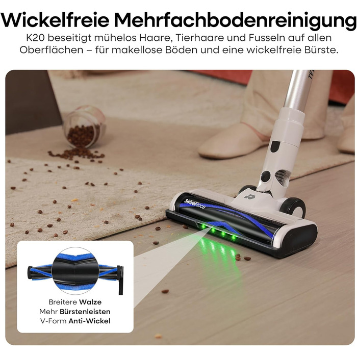 Акумуляторний пилосос ElecKeys 48000Pa/580W з LED-дисплеєм, антизаплутана щітка, 65 хвилин роботи, 7-шарова фільтрація, для твердих поверхонь, килимів та шерсті тварин, білий