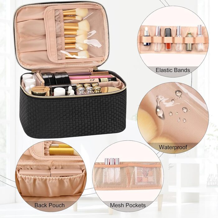 Жіноча косметичка для подорожей, водонепроникна, з відділенням для пензликів, з PU шкіри, велика, органайзер, косметичка для макіяжу (Хвилястий зелений, Елегантний чорний)