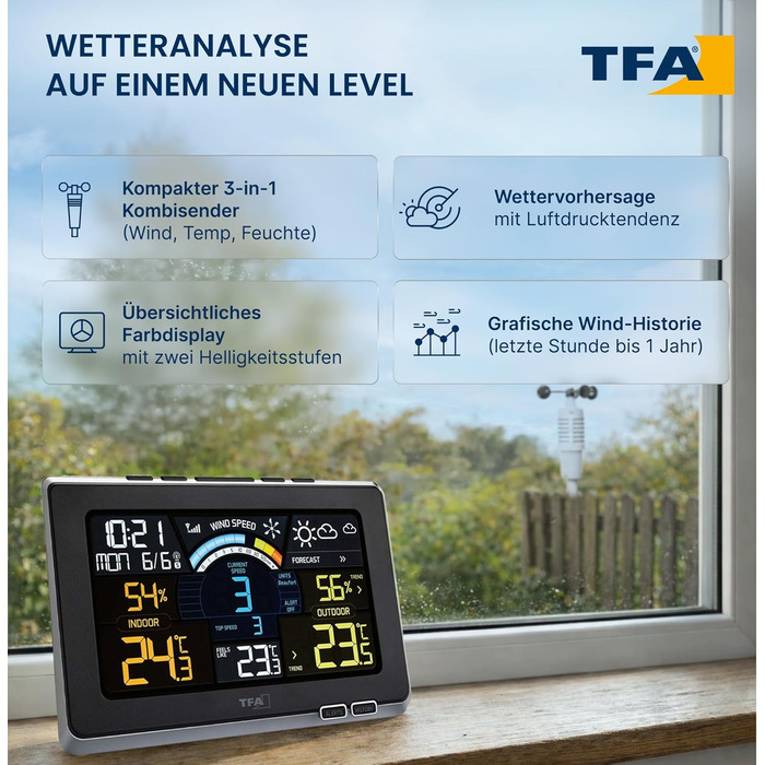 Метеостанція TFA Dostmann Spring Breeze з анемометром, чорна: прогноз погоди, годинник, історія, точка роси