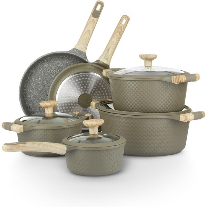Набір посуду KASANOVA Bambù з антипригарним покриттям, 10 предметів, індукція, скляні кришки (Зелений)