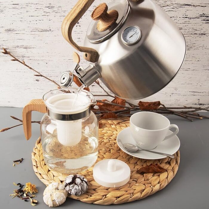 Електричний чайник зі свистком з нержавіючої сталі з термометром, 3.2 л