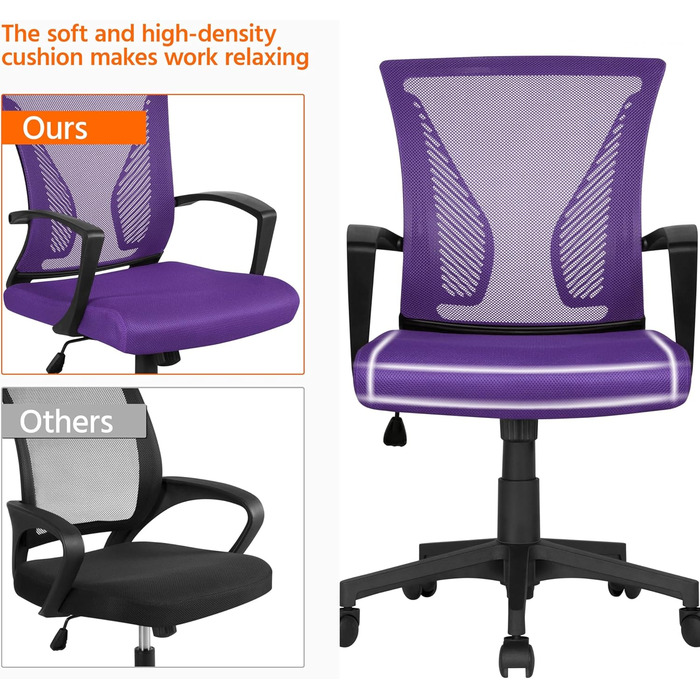 Офісне крісло Yaheetech ергономічне з сітчастою спинкою, регульоване, з підлокітниками, для офісу та дому, 136 кг, фіолетовий