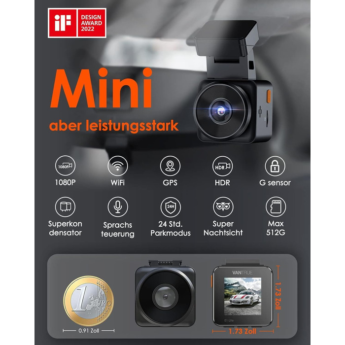 VANTRUE E1 Lite Mini Dashcam: відеореєстратор для авто з WiFi, 1080P HDR, 30fps, GPS, G-Sensor, нічне бачення, паркувальний режим, 160°