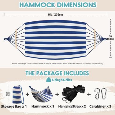 Гамак садовий ANYOO з дерев'яною перекладиною, портативний, блакитно-білий. Для тераси, саду, пляжу