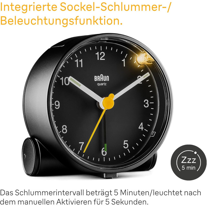 Braun Classic Analog Alarm Clock with Snooze Function and Light, Silent Quartz Movement, Crescendo Alarm in Black, Model BC01B.