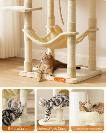 Дряпка для котів Feandrea, 112 см, багатоповерхова, з 11 стовпчиками, 2 платформами, будиночком та гамаком, 2 іграшками, PCT215W01