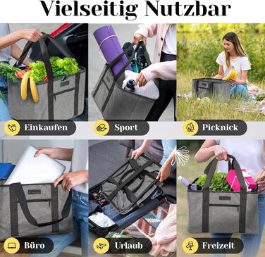 Foldable shopping basket in premium quality | Shopping bag with soft PU leather handle | ideal basket for shopping, 30 liters | stable & secure shopping bag (gray/black)