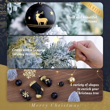 Набір прикрас на ялинку SOLEDI® 128 шт. Преміум якість, пластикові кулі білого кольору з зіркою на верхівку. Міцний та безпечний набір прикрас з підвісками. Різнокольорові ялинкові кулі, багаторазовий декор на Різдво (чорний)