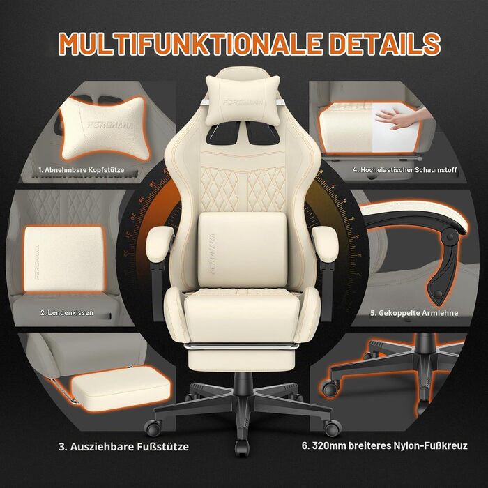 Ігрове крісло Ferghana Ergonomic Gaming Chair з підставкою для ніг, подушками під поперек та голову, оббивка з екошкіри PU, біле