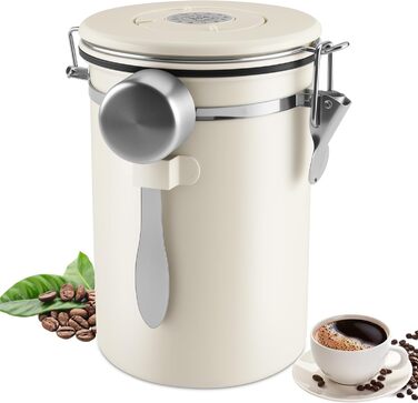 Герметична кавова банка з нержавіючої сталі 304, 1.8 л, з ложкою та індикатором свіжості для кави, чаю, горіхів, какао (біла)