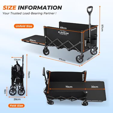 Візок пляжний Elegear складний 140л, вантажопідйомність 150кг, з гальмами, 2 тримачі для напоїв, 2 бічні кишені, чорний - для саду, пляжу, кемпінгу