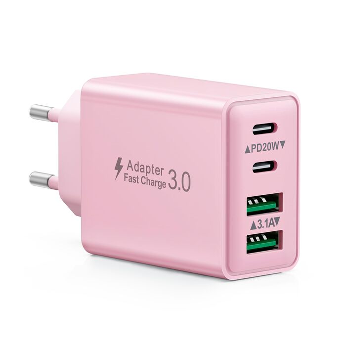 Мережевий адаптер USB-C 40W з 4 портами, рожевий. Швидка зарядка PD+QC для iPhone, iPad, Samsung та інших телефонів.