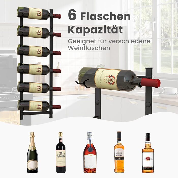 Стильна полиця для вина Costway на 6 пляшок, металева, чорна, індустріальний стиль