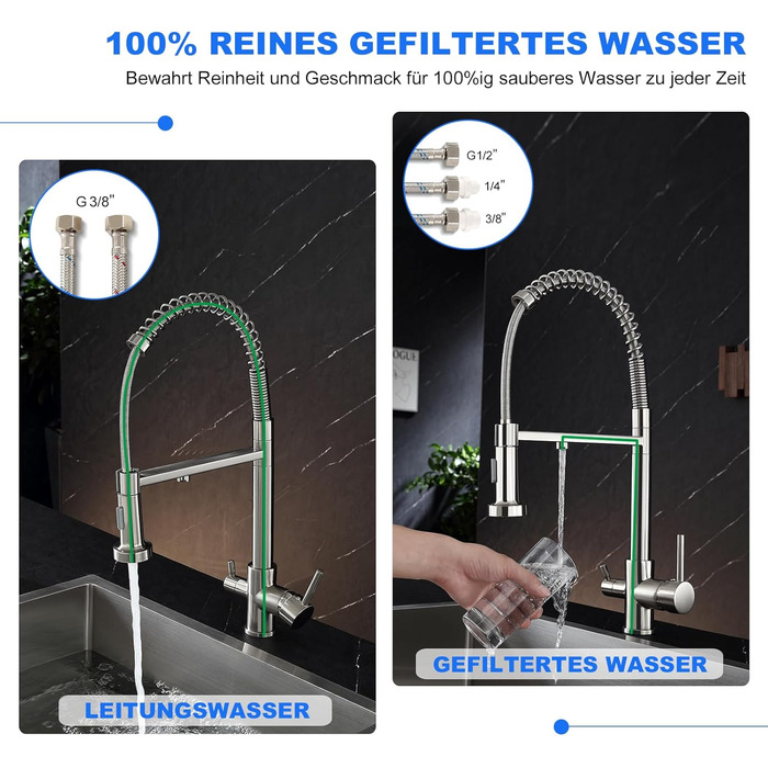 Кухонний змішувач 3 в 1 з поворотним гусаком 360° та двома режимами (з душем), з нержавіючої сталі та латуні, для фільтрації води, з двома ручками