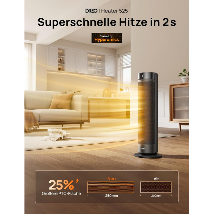 Електричний обігрівач Dreo 23 дюйми (58 см) – 2000W, тихий, з пультом, таймером, осциляцією, 5 режимів, PTC кераміка, термостат, для великих приміщень, офісу (чорний)