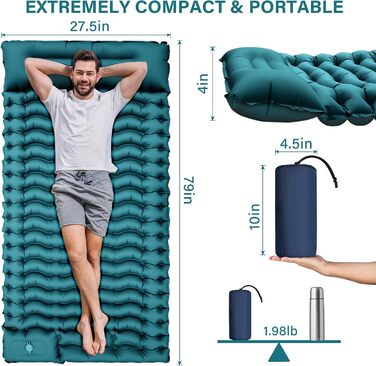 Yuzonc Self-Inflating Camping Mat with Foot Pump & Pillow - Compact & Lightweight Inflatable Sleeping Pad for Outdoor Use (Green & Blue)