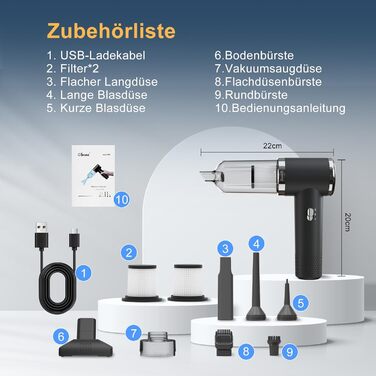 Бездротовий акумуляторний пилосос Handstaubsauger: потужний 12000Pa для дому та авто, 3-в-1 з USB-зарядкою, 5200mAh, видалення шерсті тварин, 2 режими, миючий фільтр та аксесуари