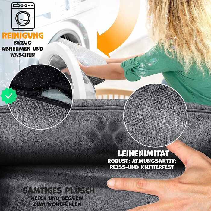 Lovpet® Dog Bed, Dog Cushion, Dog Basket Chiller, Incl. Bowl + 3X Chew Bones, Dog Sofa Cushion for Small, Medium & Large Dogs, Removable and Washable Cover, L 90 x 75 x 25 cm Grey