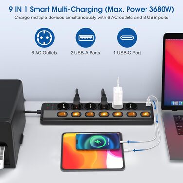 Мережевий фільтр 6-фазний з індивідуальним вимикачем, USB-C (PD 20W) та 2 USB-A, захист від перенапруги (3680W/16A), 3м кабель, чорний