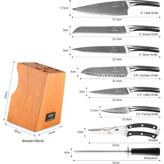 NANFANG BROTHERS 18-Piece Damascus Kitchen Knife Set with Hammered Handles & Wooden Block - Premium Quality
