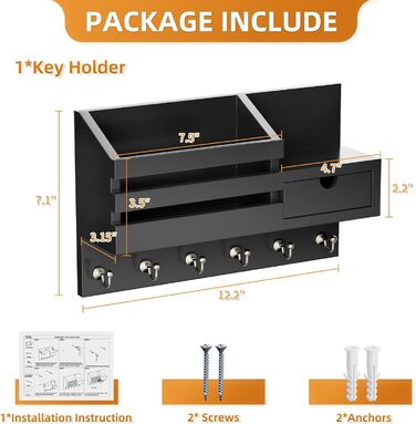 Настінна органайзер для ключів з 6 гачками та шухлядою, дерев'яна полиця для ключів, настінна вішалка для ключів, для прихожей, офісу, вітальні (білий)