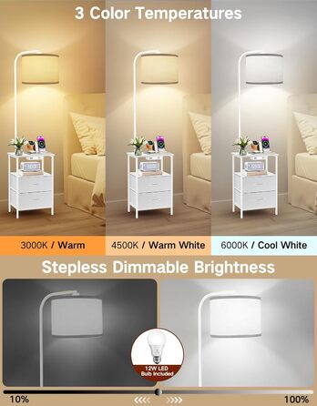 Стійка лампа для вітальні з поличкою та столиком, диммування LED, пульт керування, 3 колірні температури, приліжний столик з підзарядкою, дерев'яний столик для спальні/офісу (білий з шухлядами)