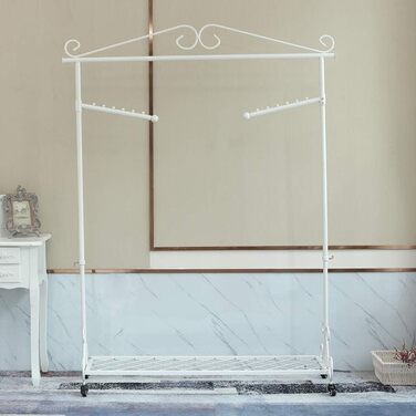 Clothes Rack, Garment Rod, Coat Rack with Shoe Storage, Width 136cm, Vintage Style Metal, Height Adjustable from 126 to 200 cm (White with Wheels)