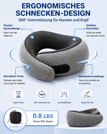 Ергономічна подушка для подорожей під шию з ефектом пам'яті (Memory Foam), темно-сіра