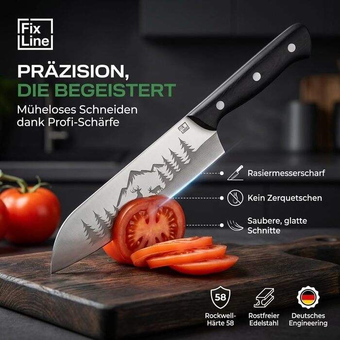 Ніж шеф-кухаря FIXLINE® BLACK FOREST Edition 18 см – професійний кухонний ніж з нержавіючої сталі, з чорною дерев'яною ручкою, подарункова упаковка