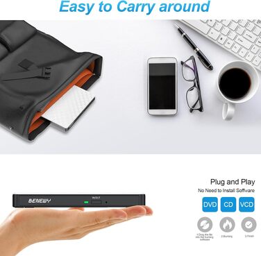 Зовнішній DVD-привід USB 3.0 та USB-C, CD/DVD Brenner для ноутбука та ПК (Windows, macOS, Linux), білий