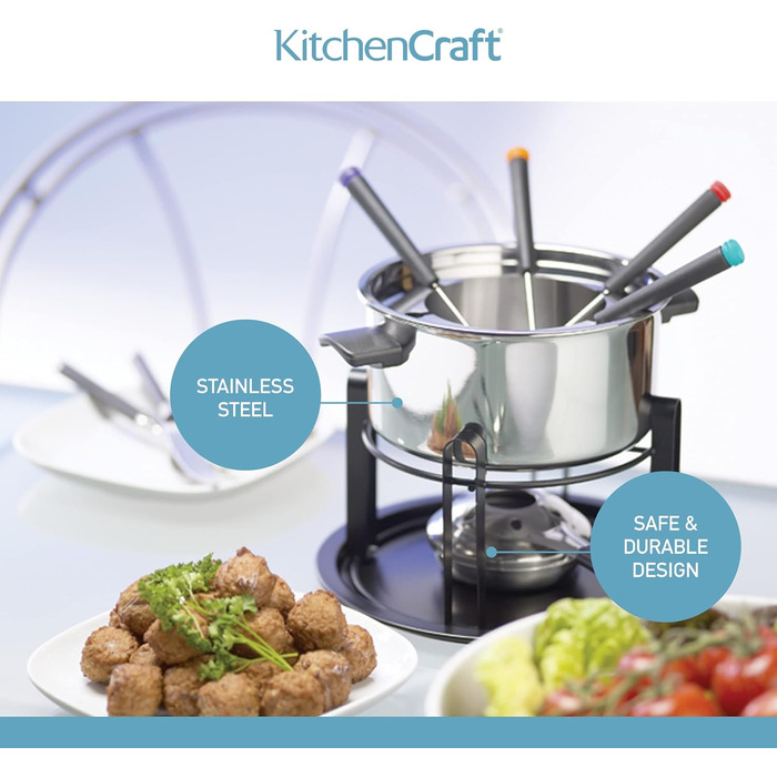 Набір для фондю KitchenCraft 3-в-1 з кольоровими виделками, для шоколадного, м’ясного та сирного фондю, сріблястий