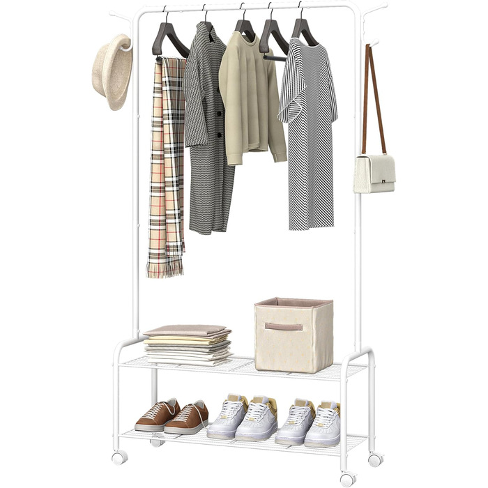 Clothes rack with 2-tier shelf, 3-in-1 design, clothes stand with 4 wheels, coat rack with 4 hooks for bags, GR07499A (White)