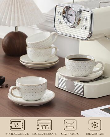 Набір кавових чашок MALACASA з блюдцем, 8 шт., для 4 особи, з рельєфом, 180 мл, кераміка, бежевий