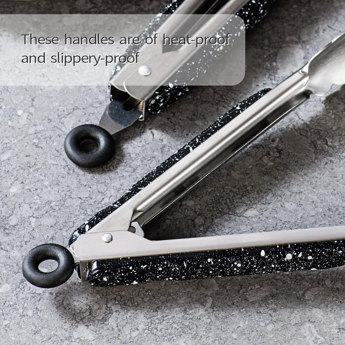 Stainless Steel Kitchen Tongs, 22.9 cm and 30.5 cm, 2 Pieces, Sturdy Grill Tongs with Brushed Closure, Food Tongs with Ergonomic Handle, Black