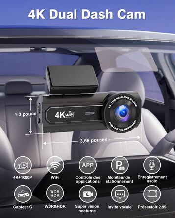 Відеореєстратор Chortau 4K+1080P з WiFi, 64GB, паркувальний режим, Super Night Vision, WDR, 170° та G-Sensor, чорний