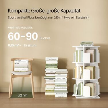 Обертова книжкова полиця EUGAD 4 рівня, 360°, МДФ, біла, 39,5x128x39,5 см, для дому та офісу