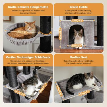 Котячий комплекс PAWZ Road XXL: стійка, з гамаком, 13 стовпчиків сизалю, печери, кошиків, 170 см, чорний
