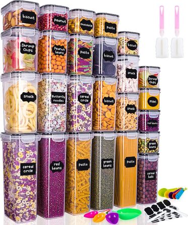 Набір контейнерів для зберігання продуктів 25 елементів (9x0.8L + 6x1.4L + 5x2L + 5x2.8L), герметичні, з кришкою, для кухні, органайзер, пластик, для спагеті, борошна, мюслі, кукурудзяних пластівців