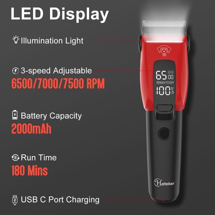 Професійна машинка для стрижки собак Hatteker: електрична, бездротова, з підсвічуванням, 7500RPM, для собак та котів