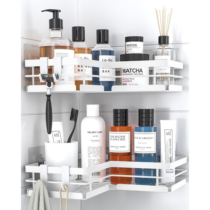 Набір полиць для душу Kitsure без свердління – 2 шт. Стабільні полиці для душу без свердління з швидким зливом, з нержавіючої сталі та міцною клейкою основою для ванної кімнати (22,0 x 22,0 x 5,0 см, білий)