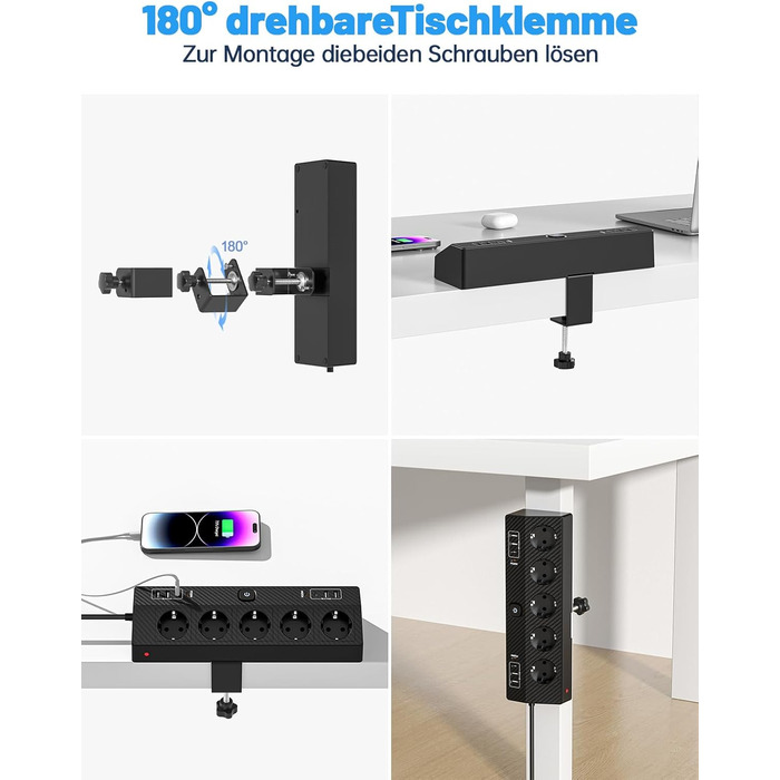 Мережевий фільтр PASSUS з 5 розетками, 2 USB-C (PD 30W), захист від перенапруги, індивідуальне вмикання, 10-в-1, з кабелем 2м, для офісу, чорний
