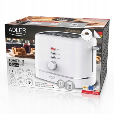 Тостер Adler, білий, 850 Вт, 7 рівнів просмаження, функція розморозування, з підставкою для булочок