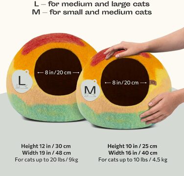 Кішка ліжко MEOWFIA, високе, з 100% мериносової вовни, для котів та кошенят (Сірий хеграу), Rainbow, M