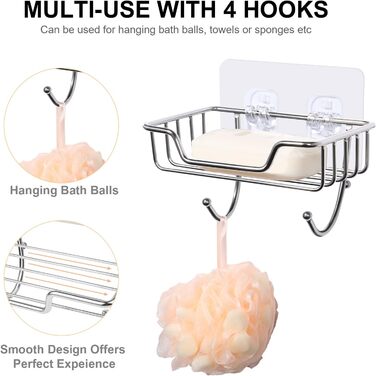 Тримач для мила без свердління Uten, нержавіюча сталь, самоклеючий, з 2 гачками, для мила та губки, для душу, ванної кімнати, кухні, сріблястий