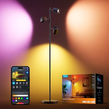 LED-лампа Govee з 3-ма якими полум'янами, RGBWW, регулювання фокусу, 1500lm, Alexa, 64+ сцени, синхронізація з музикою, 157см, чорний колір, для вітальні, спальні, кабінету, декор
