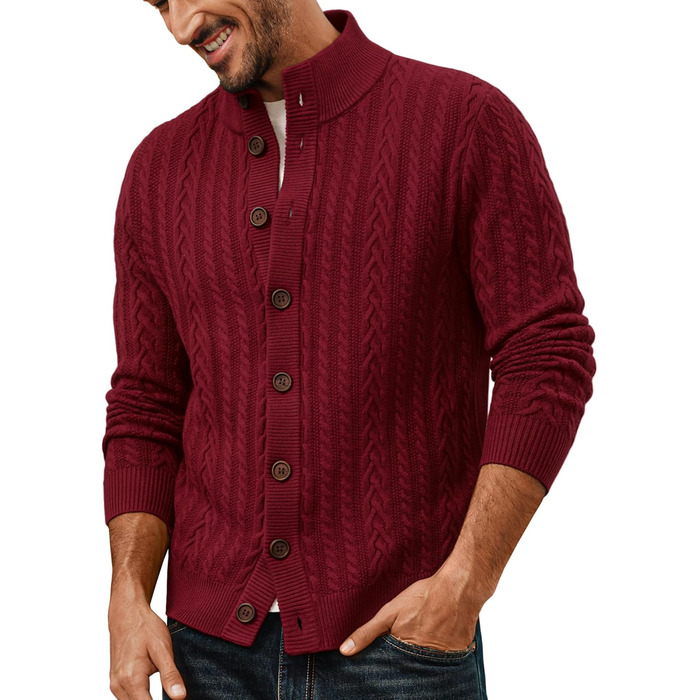 Кардиган чоловічий PJ PAU JONES з візерунком коси, на ґудзиках, грубий трикотаж (XL, Бордовий)