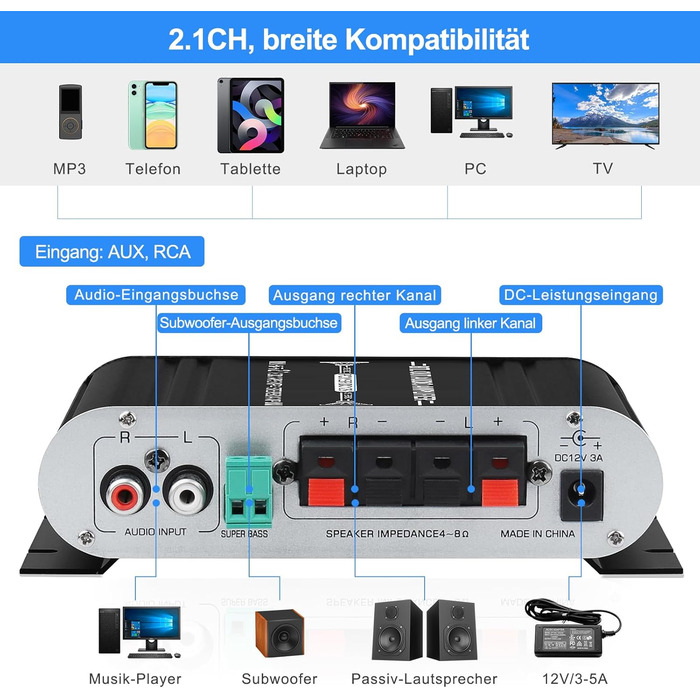HiFi аудіо підсилювач 2.1-канальний ST-838, стерео, клас D, 20Вт×2+40Вт, з сабвуферним виходом, міні цифровий підсилювач, AUX, для дому та авто, чорний/сріблястий, з адаптером живлення
