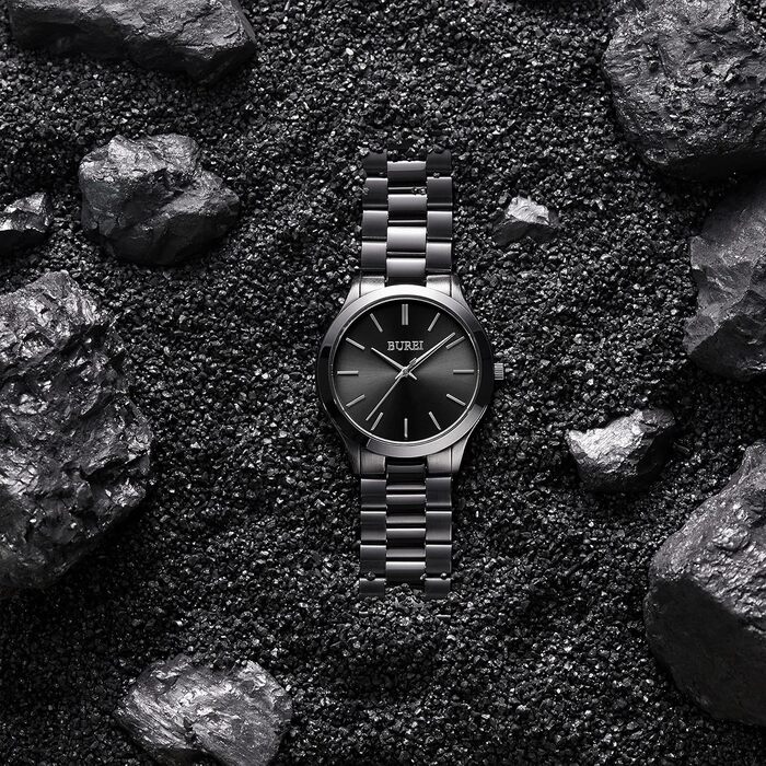 Годинник чоловічий BUREI чорний мінімалістичний кварцовий на зап'ястя для чоловіків 44мм, елегантний годинник зі сталевим браслетом